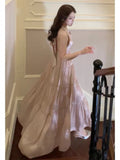 Niulatu A Line V Neckline Halter Pink Long Backless Prom Dress Formal Dresses HZ1110