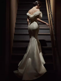 Niulatu Mermaid Off The Shoulder White Satin Long Wedding Dresses HZ1110