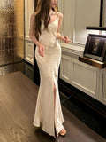 Niulatu Sheath Spaghetti Straps Ivory Silk Satin Long Slit Prom Dress Formal Dresses With Bottons HZ1110