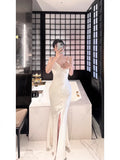 Niulatu Sheath Spaghetti Straps Ivory Silk Satin Long Slit Prom Dress Formal Dresses With Bottons HZ1110