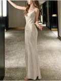 Niulatu Sheath Spaghetti Straps Ivory Silk Satin Long Slit Prom Dress Formal Dresses With Bottons HZ1110