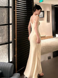 Niulatu Sheath Spaghetti Straps Ivory Silk Satin Long Slit Prom Dress Formal Dresses With Bottons HZ1110