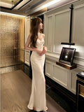 Niulatu Sheath Spaghetti Straps Ivory Silk Satin Long Slit Prom Dress Formal Dresses With Bottons HZ1110