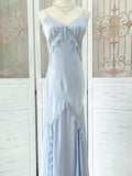 Niulatu Sheath Spaghetti Straps Light Sky Blue Long Prom Dress Formal Dresses With Pearls HZ1110