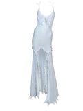 Niulatu Sheath Spaghetti Straps Light Sky Blue Long Prom Dress Formal Dresses With Pearls HZ1110