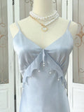 Niulatu Sheath Spaghetti Straps Light Sky Blue Long Prom Dress Formal Dresses With Pearls HZ1110