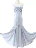 Niulatu Sheath Spaghetti Straps Light Sky Blue Long Prom Dress Formal Dresses With Pearls HZ1110