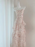 Niulatu A Line Straps Chiffon Long Pink Floral Prom Dress Evening Dresses HZ1110