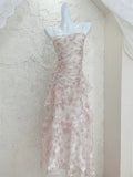 Niulatu A Line Straps Chiffon Long Pink Floral Prom Dress Evening Dresses HZ1110