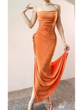 Niulatu Sheath Spaghetti Straps Velvet Long Organge Prom Dress Evening Dresses HZ1110
