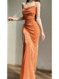 Niulatu Sheath Spaghetti Straps Velvet Long Organge Prom Dress Evening Dresses HZ1110
