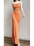 Niulatu Sheath Spaghetti Straps Velvet Long Organge Prom Dress Evening Dresses HZ1110