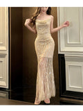 Niulatu Sheath Spaghetti Straps Sequin Long Champagne Prom Dress Evening Dresses HZ1110