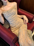 Niulatu Sheath Spaghetti Straps Sequin Long Champagne Prom Dress Evening Dresses HZ1110
