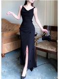 Niulatu Sheath Spaghetti Straps Long Black Slit Prom Dress Evening Dresses HZ1110
