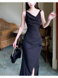 Niulatu Sheath Spaghetti Straps Long Black Slit Prom Dress Evening Dresses HZ1110