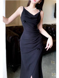 Niulatu Sheath Spaghetti Straps Long Black Slit Prom Dress Evening Dresses HZ1110