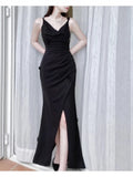 Niulatu Sheath Spaghetti Straps Long Black Slit Prom Dress Evening Dresses HZ1110