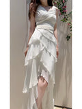 Niulatu High Low Spaghetti Straps White Chiffon Prom Dress Evening Dresses HZ1110