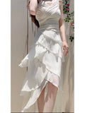 Niulatu High Low Spaghetti Straps White Chiffon Prom Dress Evening Dresses HZ1110