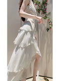 Niulatu High Low Spaghetti Straps White Chiffon Prom Dress Evening Dresses HZ1110
