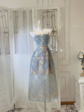 Niulatu A line Scoop Neckline Lace Blue Prom Dress Evening Dresses HZ1110