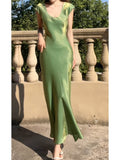 Niulatu A line U Neckline Short Sleeves Green Prom Dress Evening Dresses HZ1110