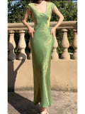 Niulatu A line U Neckline Short Sleeves Green Prom Dress Evening Dresses HZ1110