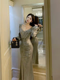 Niulatu Sheath V Neckline Long Sleeves Sequin Slit Prom Dress Evening Dresses HZ1110
