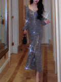 Niulatu Sheath V Neckline Long Sleeves Sequin Slit Prom Dress Evening Dresses HZ1110