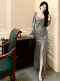 Niulatu Sheath V Neckline Long Sleeves Sequin Slit Prom Dress Evening Dresses HZ1110