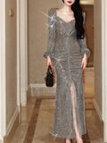 Niulatu Sheath V Neckline Long Sleeves Sequin Slit Prom Dress Evening Dresses HZ1110