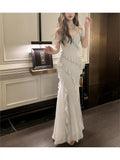 Niulatu Sheath Spaghetti Straps Chiffon Long Prom Dresses Evening Dress With Ruffles HZ1110
