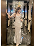 Niulatu Sheath Spaghetti Straps Chiffon Long Prom Dresses Evening Dress With Ruffles HZ1110