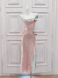 Niulatu Sheath Spaghetti Straps Pink Long Prom Dresses Evening Dress With Flowers HZ1110
