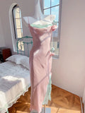Niulatu Sheath Spaghetti Straps Pink Long Prom Dresses Evening Dress With Flowers HZ1110