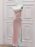 Niulatu Sheath Spaghetti Straps Pink Long Prom Dresses Evening Dress With Flowers HZ1110