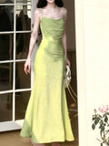 Niulatu Sheath Spaghetti Straps Green Long Prom Dresses Evening Dress With Ruffles HZ1110
