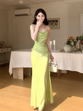 Niulatu Sheath Spaghetti Straps Green Long Prom Dresses Evening Dress With Ruffles HZ1110
