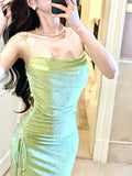 Niulatu Sheath Spaghetti Straps Green Long Prom Dresses Evening Dress With Ruffles HZ1110