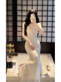 Niulatu Sheath Spaghetti Straps Ivory Long Prom Dresses Evening Dress With Ruffles HZ1110