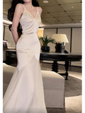 Niulatu Sheath Spaghetti Straps Ivory Long Prom Dresses Evening Dress With Ruffles HZ1110
