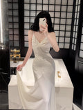 Niulatu Sheath Spaghetti Straps Ivory Long Prom Dresses Evening Dress With Ruffles HZ1110
