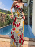 Niulatu Sheath Spaghetti Straps Floral Red Long Prom Dresses Evening Dress HZ1110