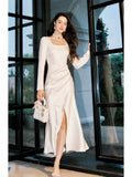 Niulatu Sheath Square Neckline White Long Prom Dresses Slit Evening Dress HZ1110