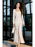 Niulatu Sheath Square Neckline White Long Prom Dresses Slit Evening Dress HZ1110