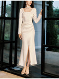 Niulatu Sheath Square Neckline White Long Prom Dresses Slit Evening Dress HZ1110