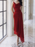 Niulatu Sheath Spaghetti Straps Red Chiffon Prom Dresses Ruffles Evening Dress HZ1110