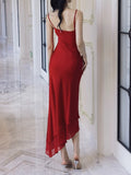 Niulatu Sheath Spaghetti Straps Red Chiffon Prom Dresses Ruffles Evening Dress HZ1110