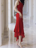 Niulatu Sheath Spaghetti Straps Red Chiffon Prom Dresses Ruffles Evening Dress HZ1110